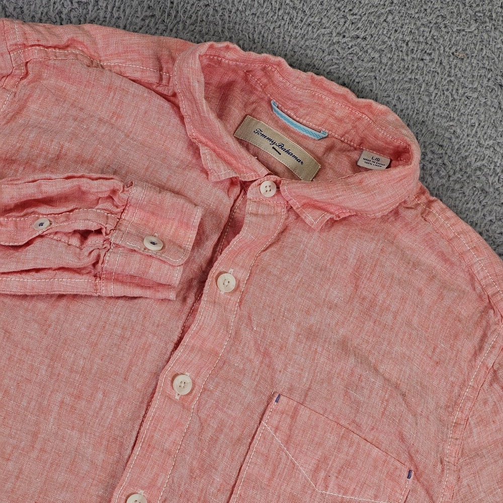 Tommy Bahama Shirt Mens Large Pink 100% Linen Long Sleeve Button Up Relax Casual